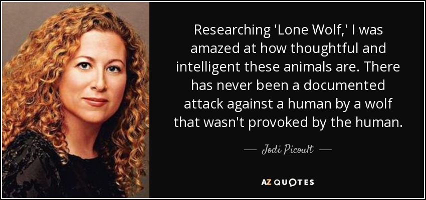 Researching 'Lone Wolf,' I was amazed at how thoughtful and intelligent these animals are. There has never been a documented attack against a human by a wolf that wasn't provoked by the human. - Jodi Picoult