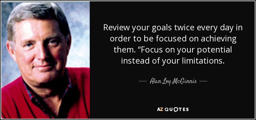 Review your goals twice every day in order to be focused on achieving them. “Focus on your potential instead of your limitations. - Alan Loy McGinnis
