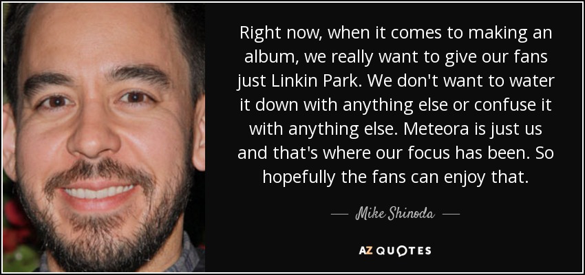Right now, when it comes to making an album, we really want to give our fans just Linkin Park. We don't want to water it down with anything else or confuse it with anything else. Meteora is just us and that's where our focus has been. So hopefully the fans can enjoy that. - Mike Shinoda