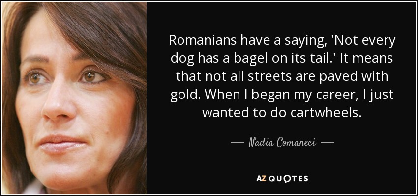 Romanians have a saying, 'Not every dog has a bagel on its tail.' It means that not all streets are paved with gold. When I began my career, I just wanted to do cartwheels. - Nadia Comaneci