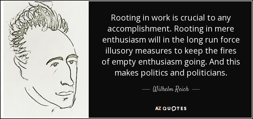 Rooting in work is crucial to any accomplishment. Rooting in mere enthusiasm will in the long run force illusory measures to keep the fires of empty enthusiasm going. And this makes politics and politicians. - Wilhelm Reich
