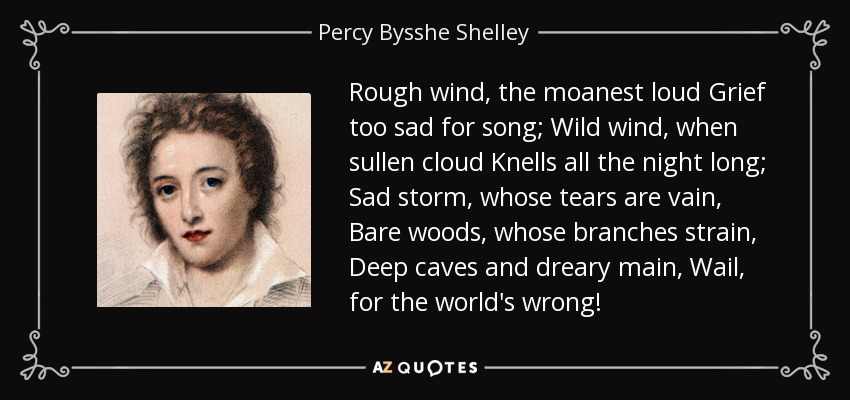 Rough wind, the moanest loud Grief too sad for song; Wild wind, when sullen cloud Knells all the night long; Sad storm, whose tears are vain, Bare woods, whose branches strain, Deep caves and dreary main, Wail, for the world's wrong! - Percy Bysshe Shelley