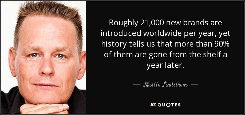 Roughly 21,000 new brands are introduced worldwide per year, yet history tells us that more than 90% of them are gone from the shelf a year later. - Martin Lindstrom