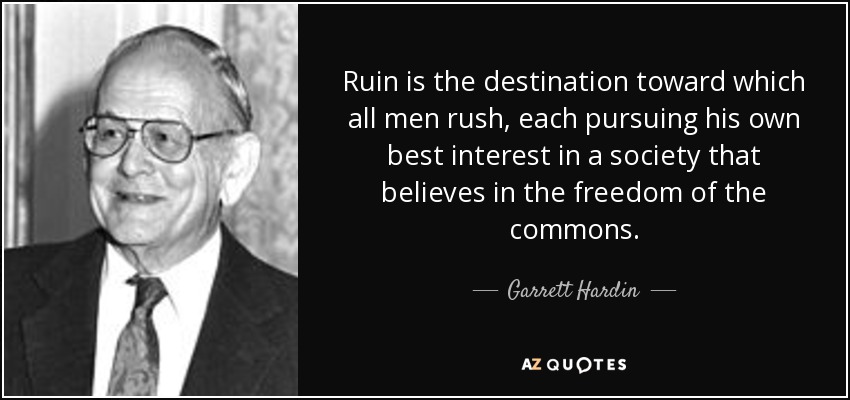 Ruin is the destination toward which all men rush, each pursuing his own best interest in a society that believes in the freedom of the commons. - Garrett Hardin