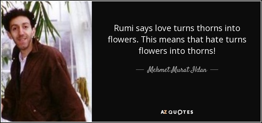 Rumi says love turns thorns into flowers. This means that hate turns flowers into thorns! - Mehmet Murat Ildan