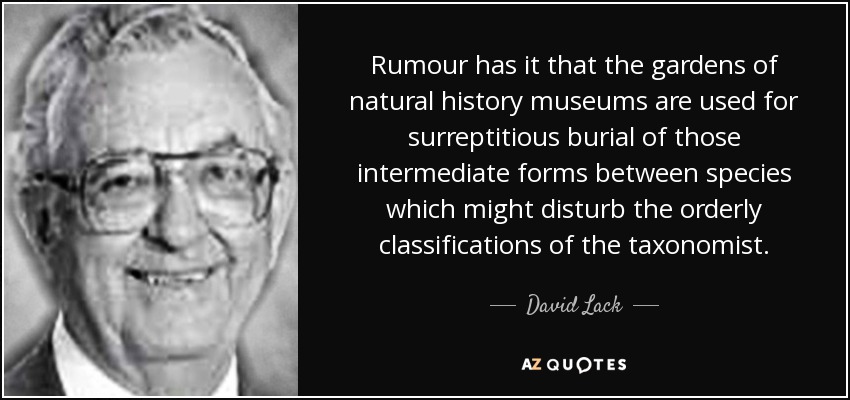 Rumour has it that the gardens of natural history museums are used for surreptitious burial of those intermediate forms between species which might disturb the orderly classifications of the taxonomist. - David Lack