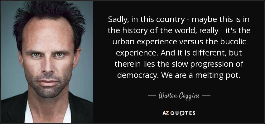 Sadly, in this country - maybe this is in the history of the world, really - it's the urban experience versus the bucolic experience. And it is different, but therein lies the slow progression of democracy. We are a melting pot. - Walton Goggins