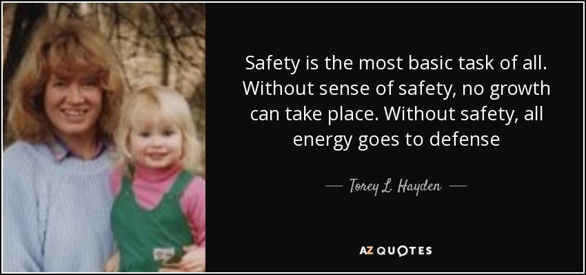 Safety is the most basic task of all. Without sense of safety, no growth can take place. Without safety, all energy goes to defense - Torey L. Hayden