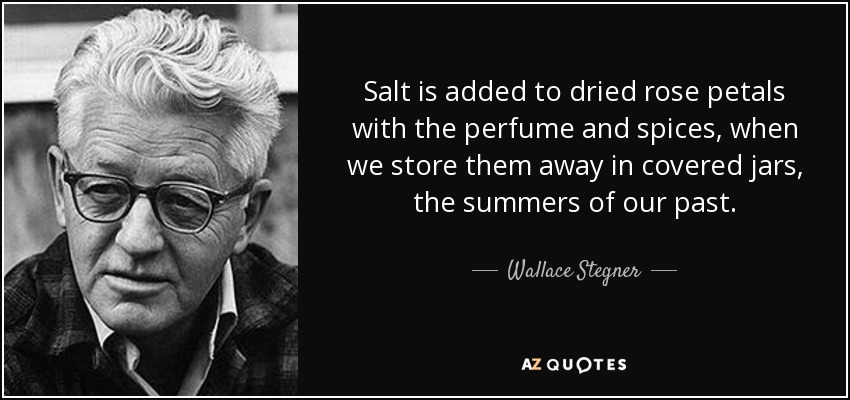 Salt is added to dried rose petals with the perfume and spices, when we store them away in covered jars, the summers of our past. - Wallace Stegner