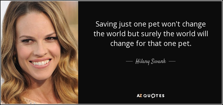 Saving just one pet won't change the world but surely the world will change for that one pet. - Hilary Swank