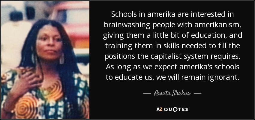 Schools in amerika are interested in brainwashing people with amerikanism, giving them a little bit of education, and training them in skills needed to fill the positions the capitalist system requires. As long as we expect amerika's schools to educate us, we will remain ignorant. - Assata Shakur
