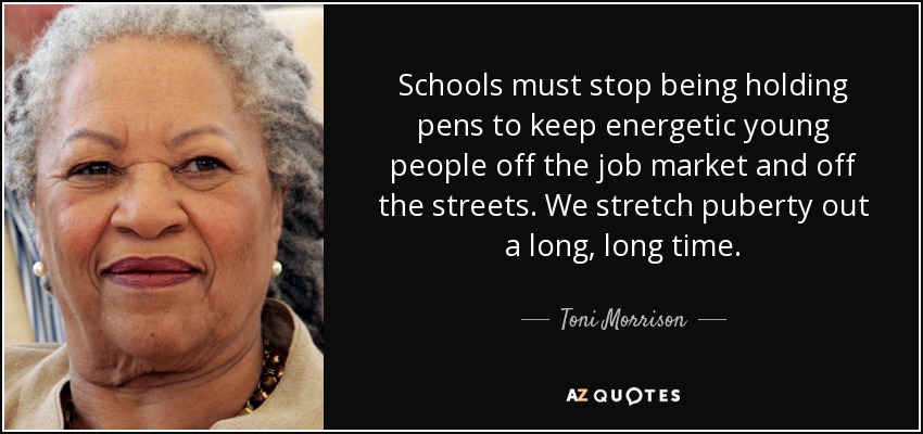 Schools must stop being holding pens to keep energetic young people off the job market and off the streets. We stretch puberty out a long, long time. - Toni Morrison