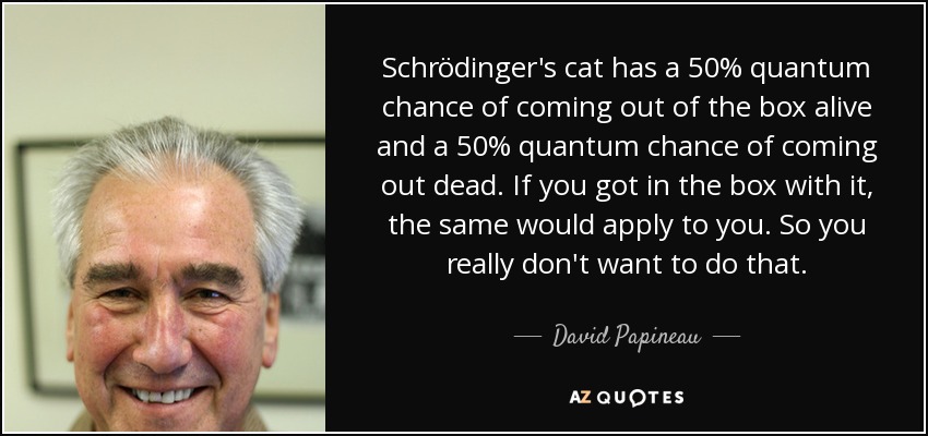 Schrödinger's cat has a 50% quantum chance of coming out of the box alive and a 50% quantum chance of coming out dead. If you got in the box with it, the same would apply to you. So you really don't want to do that. - David Papineau