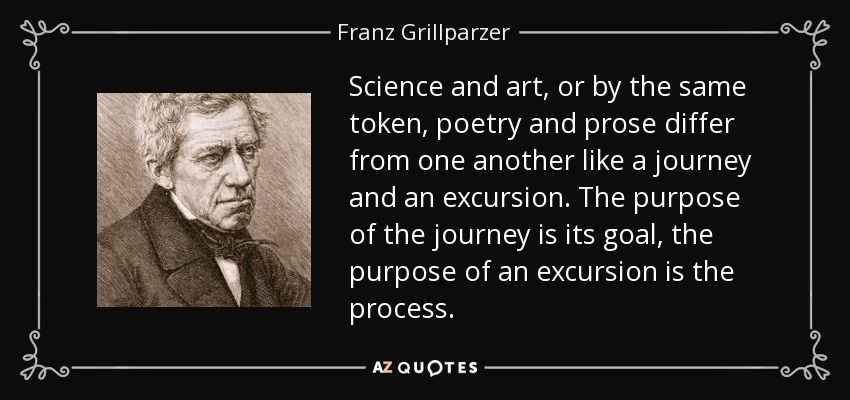 Science and art, or by the same token, poetry and prose differ from one another like a journey and an excursion. The purpose of the journey is its goal, the purpose of an excursion is the process. - Franz Grillparzer