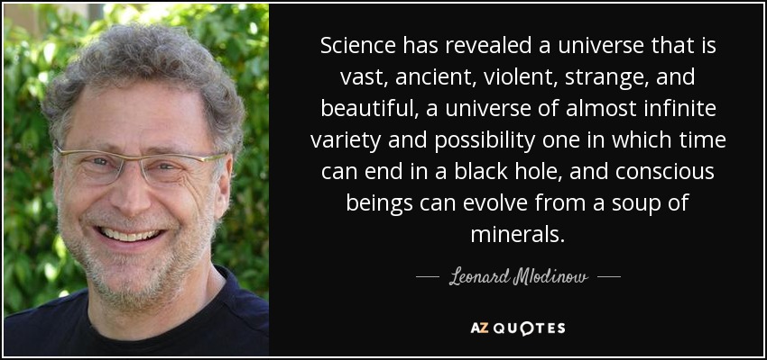 Science has revealed a universe that is vast, ancient, violent, strange, and beautiful, a universe of almost infinite variety and possibility one in which time can end in a black hole, and conscious beings can evolve from a soup of minerals. - Leonard Mlodinow