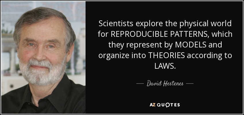 Scientists explore the physical world for REPRODUCIBLE PATTERNS, which they represent by MODELS and organize into THEORIES according to LAWS. - David Hestenes