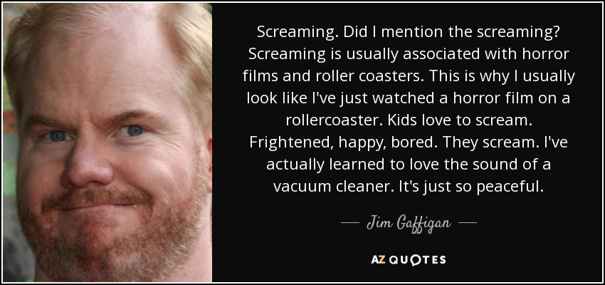 Screaming. Did I mention the screaming? Screaming is usually associated with horror films and roller coasters. This is why I usually look like I've just watched a horror film on a rollercoaster. Kids love to scream. Frightened, happy, bored. They scream. I've actually learned to love the sound of a vacuum cleaner. It's just so peaceful. - Jim Gaffigan