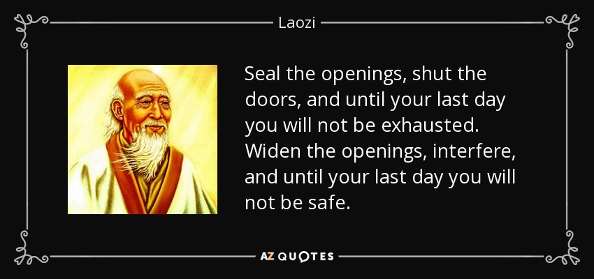 Seal the openings, shut the doors, and until your last day you will not be exhausted. Widen the openings, interfere, and until your last day you will not be safe. - Laozi