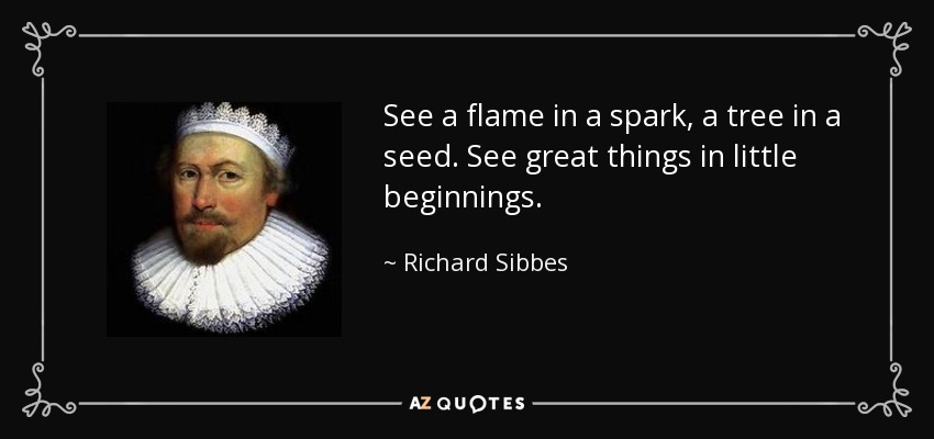 See a flame in a spark, a tree in a seed. See great things in little beginnings. - Richard Sibbes