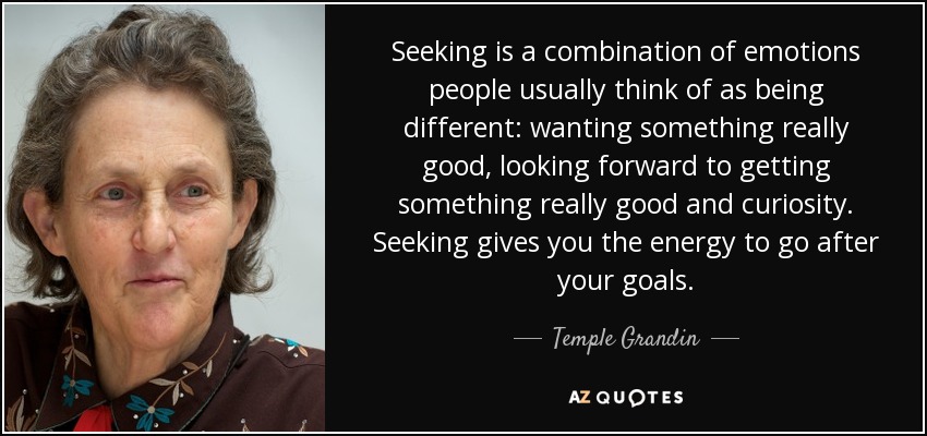 Seeking is a combination of emotions people usually think of as being different: wanting something really good, looking forward to getting something really good and curiosity. Seeking gives you the energy to go after your goals. - Temple Grandin