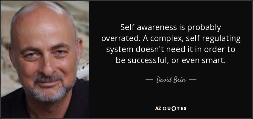 Self-awareness is probably overrated. A complex, self-regulating system doesn't need it in order to be successful, or even smart. - David Brin