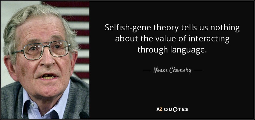 Selfish-gene theory tells us nothing about the value of interacting through language. - Noam Chomsky