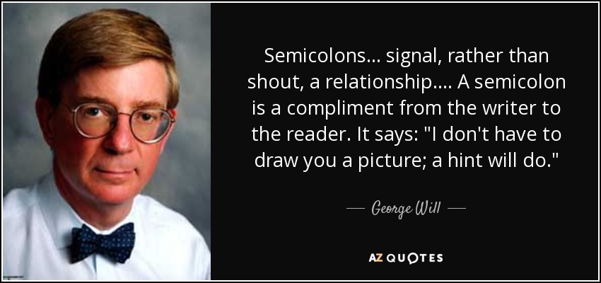 Semicolons . . . signal, rather than shout, a relationship. . . . A semicolon is a compliment from the writer to the reader. It says: 