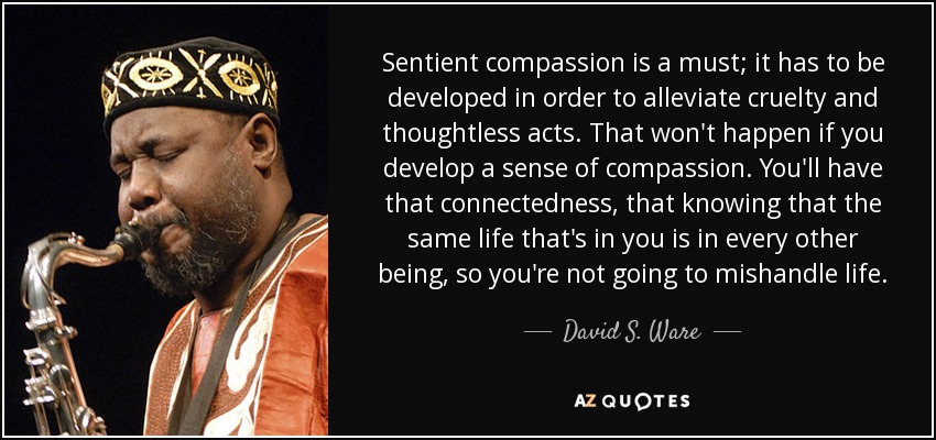 Sentient compassion is a must; it has to be developed in order to alleviate cruelty and thoughtless acts. That won't happen if you develop a sense of compassion. You'll have that connectedness, that knowing that the same life that's in you is in every other being, so you're not going to mishandle life. - David S. Ware