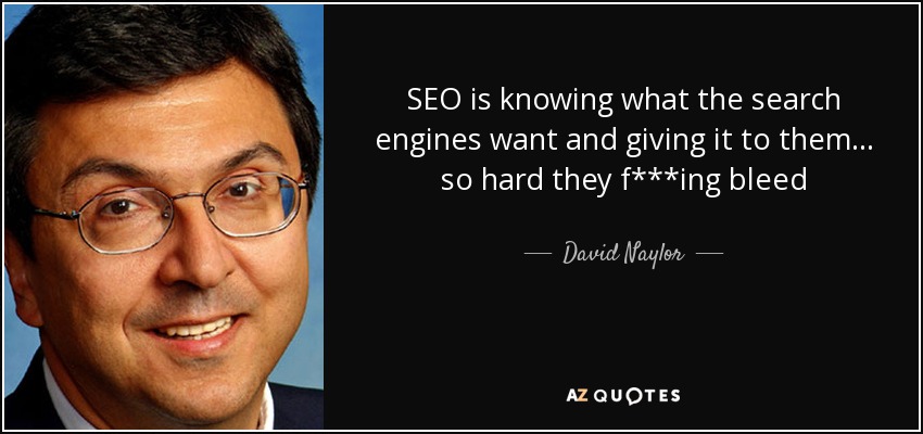 SEO is knowing what the search engines want and giving it to them... so hard they f***ing bleed - David Naylor