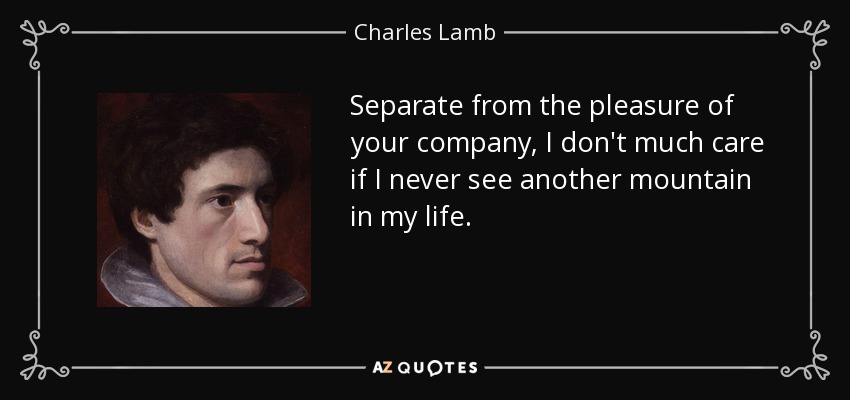 Separate from the pleasure of your company, I don't much care if I never see another mountain in my life. - Charles Lamb