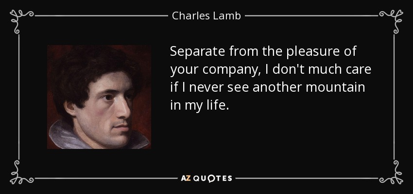 Separate from the pleasure of your company, I don't much care if I never see another mountain in my life. - Charles Lamb