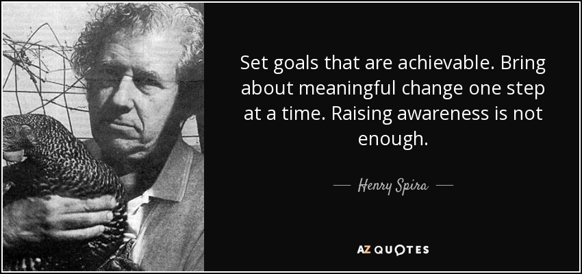 Set goals that are achievable. Bring about meaningful change one step at a time. Raising awareness is not enough. - Henry Spira
