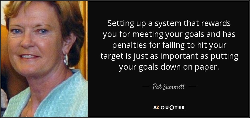 Setting up a system that rewards you for meeting your goals and has penalties for failing to hit your target is just as important as putting your goals down on paper. - Pat Summitt