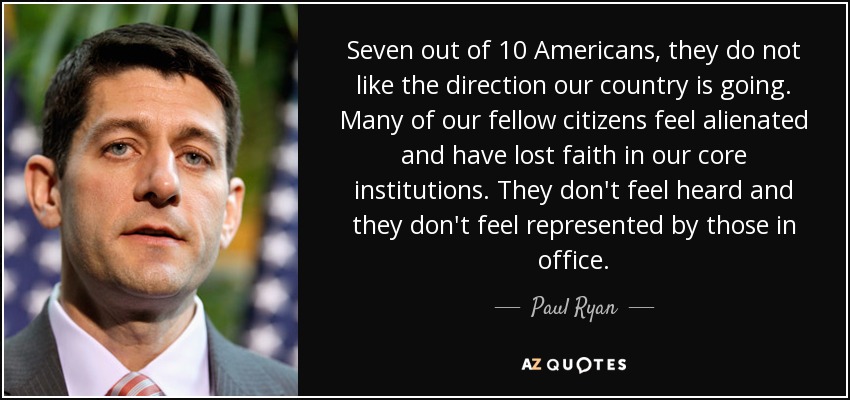 Seven out of 10 Americans, they do not like the direction our country is going. Many of our fellow citizens feel alienated and have lost faith in our core institutions. They don't feel heard and they don't feel represented by those in office. - Paul Ryan