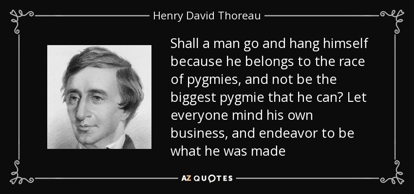 Shall a man go and hang himself because he belongs to the race of pygmies, and not be the biggest pygmie that he can? Let everyone mind his own business, and endeavor to be what he was made - Henry David Thoreau