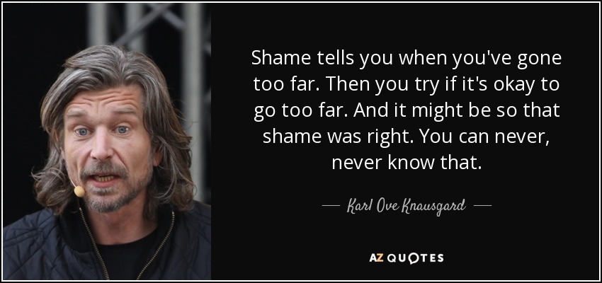 Shame tells you when you've gone too far. Then you try if it's okay to go too far. And it might be so that shame was right. You can never, never know that. - Karl Ove Knausgard