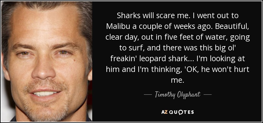 Sharks will scare me. I went out to Malibu a couple of weeks ago. Beautiful, clear day, out in five feet of water, going to surf, and there was this big ol' freakin' leopard shark... I'm looking at him and I'm thinking, 'OK, he won't hurt me. - Timothy Olyphant