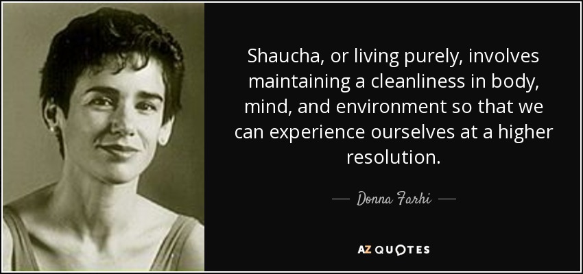 Shaucha, or living purely, involves maintaining a cleanliness in body, mind, and environment so that we can experience ourselves at a higher resolution. - Donna Farhi