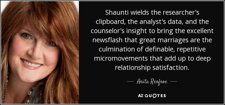 Shaunti wields the researcher's clipboard, the analyst's data, and the counselor's insight to bring the excellent newsflash that great marriages are the culmination of definable, repetitive micromovements that add up to deep relationship satisfaction. - Anita Renfroe