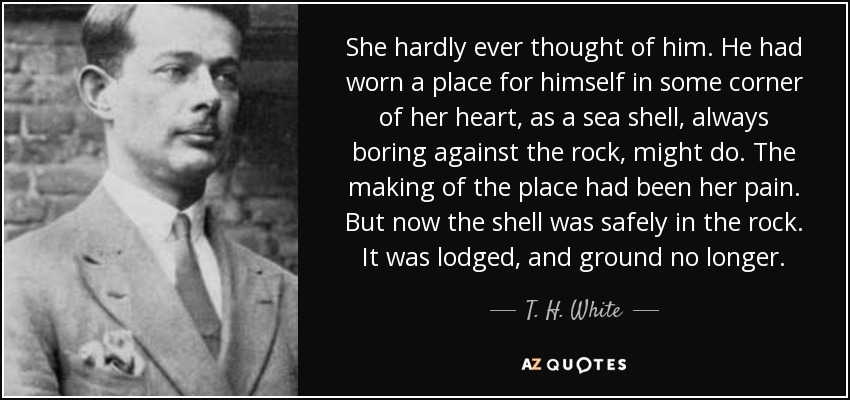She hardly ever thought of him. He had worn a place for himself in some corner of her heart, as a sea shell, always boring against the rock, might do. The making of the place had been her pain. But now the shell was safely in the rock. It was lodged, and ground no longer. - T. H. White
