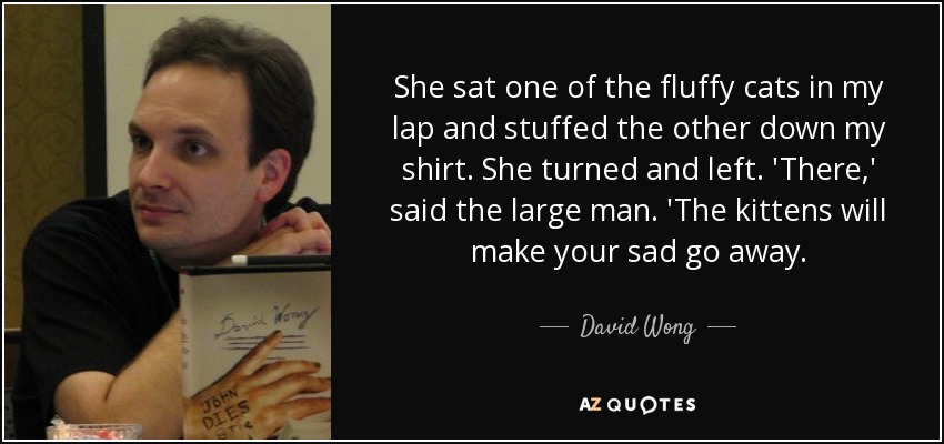 She sat one of the fluffy cats in my lap and stuffed the other down my shirt. She turned and left. 'There,' said the large man. 'The kittens will make your sad go away. - David Wong