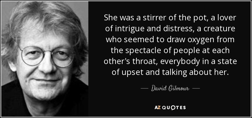 She was a stirrer of the pot, a lover of intrigue and distress, a creature who seemed to draw oxygen from the spectacle of people at each other's throat, everybody in a state of upset and talking about her. - David Gilmour