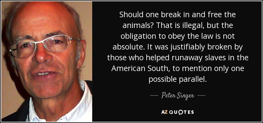Should one break in and free the animals? That is illegal, but the obligation to obey the law is not absolute. It was justifiably broken by those who helped runaway slaves in the American South, to mention only one possible parallel. - Peter Singer
