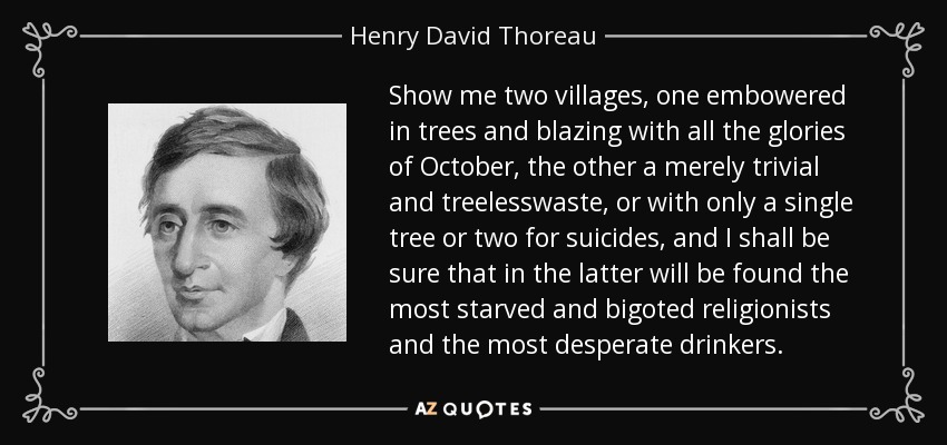 Show me two villages, one embowered in trees and blazing with all the glories of October, the other a merely trivial and treelesswaste, or with only a single tree or two for suicides, and I shall be sure that in the latter will be found the most starved and bigoted religionists and the most desperate drinkers. - Henry David Thoreau