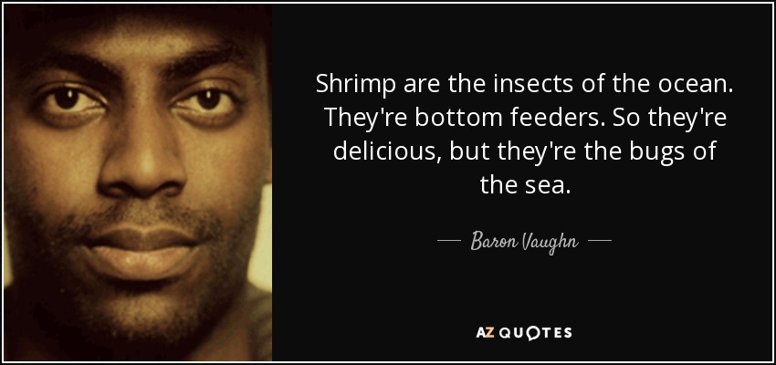 Shrimp are the insects of the ocean. They're bottom feeders. So they're delicious, but they're the bugs of the sea. - Baron Vaughn