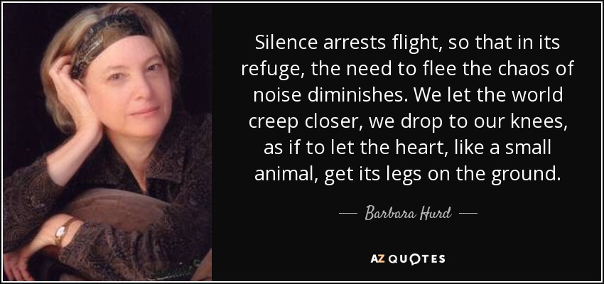 Silence arrests flight, so that in its refuge, the need to flee the chaos of noise diminishes. We let the world creep closer, we drop to our knees, as if to let the heart, like a small animal, get its legs on the ground. - Barbara Hurd