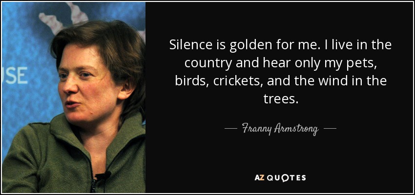 Silence is golden for me. I live in the country and hear only my pets, birds, crickets, and the wind in the trees. - Franny Armstrong