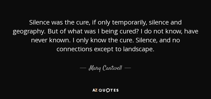 Silence was the cure, if only temporarily, silence and geography. But of what was I being cured? I do not know, have never known. I only know the cure. Silence, and no connections except to landscape. - Mary Cantwell
