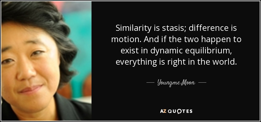 Similarity is stasis; difference is motion. And if the two happen to exist in dynamic equilibrium, everything is right in the world. - Youngme Moon
