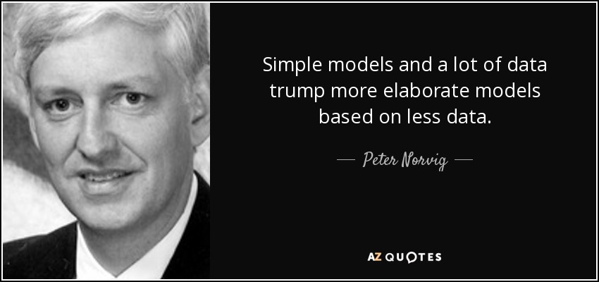 Simple models and a lot of data trump more elaborate models based on less data. - Peter Norvig